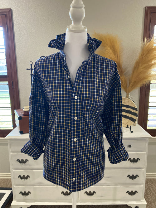 Repurposed Navy and Yellow Plaid Ruffle Collar Shirt~ Large