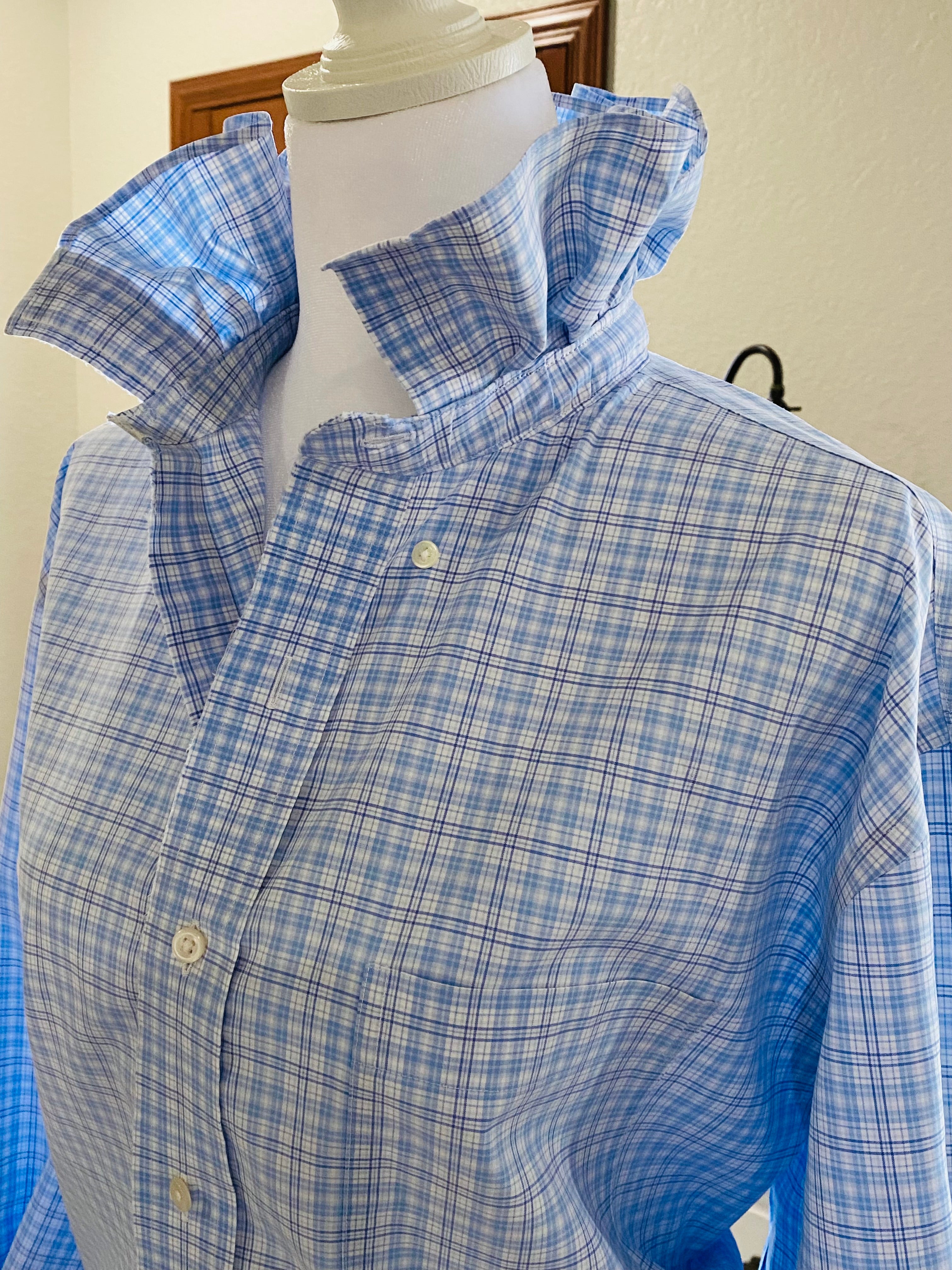 Reworked Sky Blue Ruffle Collar Shirt