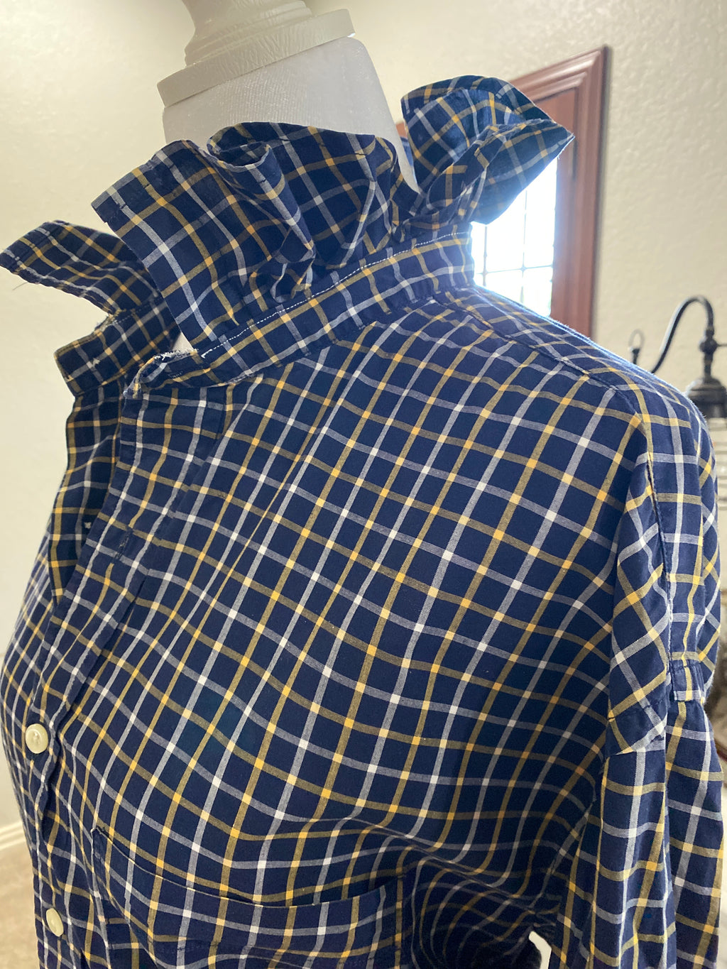 Repurposed Navy and Yellow Plaid Ruffle Collar Shirt~ Large