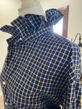 Repurposed Navy and Yellow Plaid Ruffle Collar Shirt~ Large