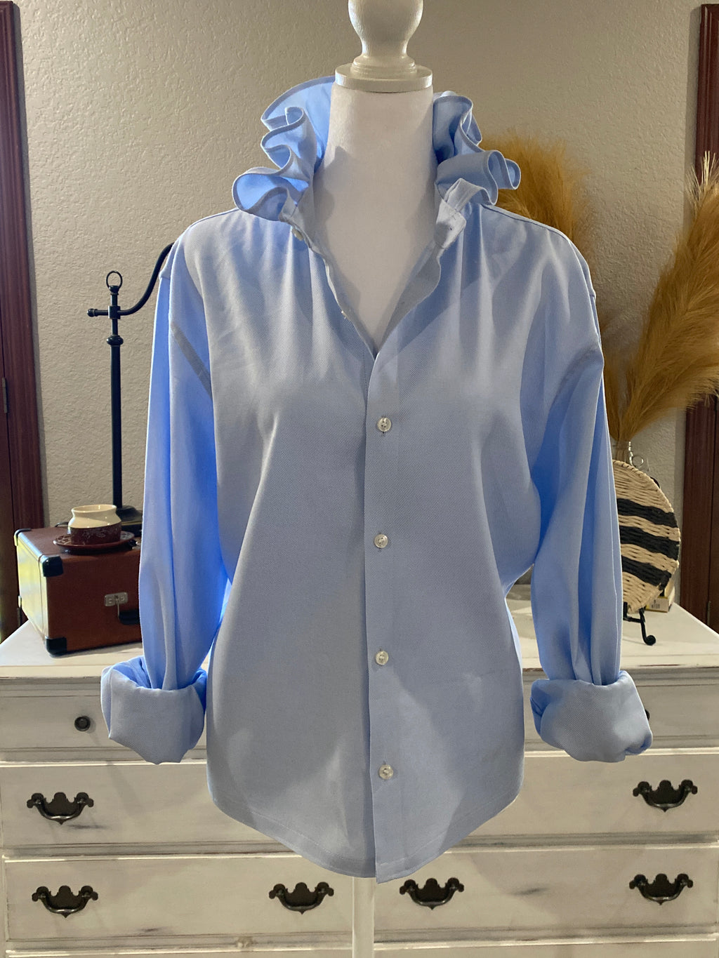 Repurposed Baby Blue Ruffle Collar Shirt~ Large/XL