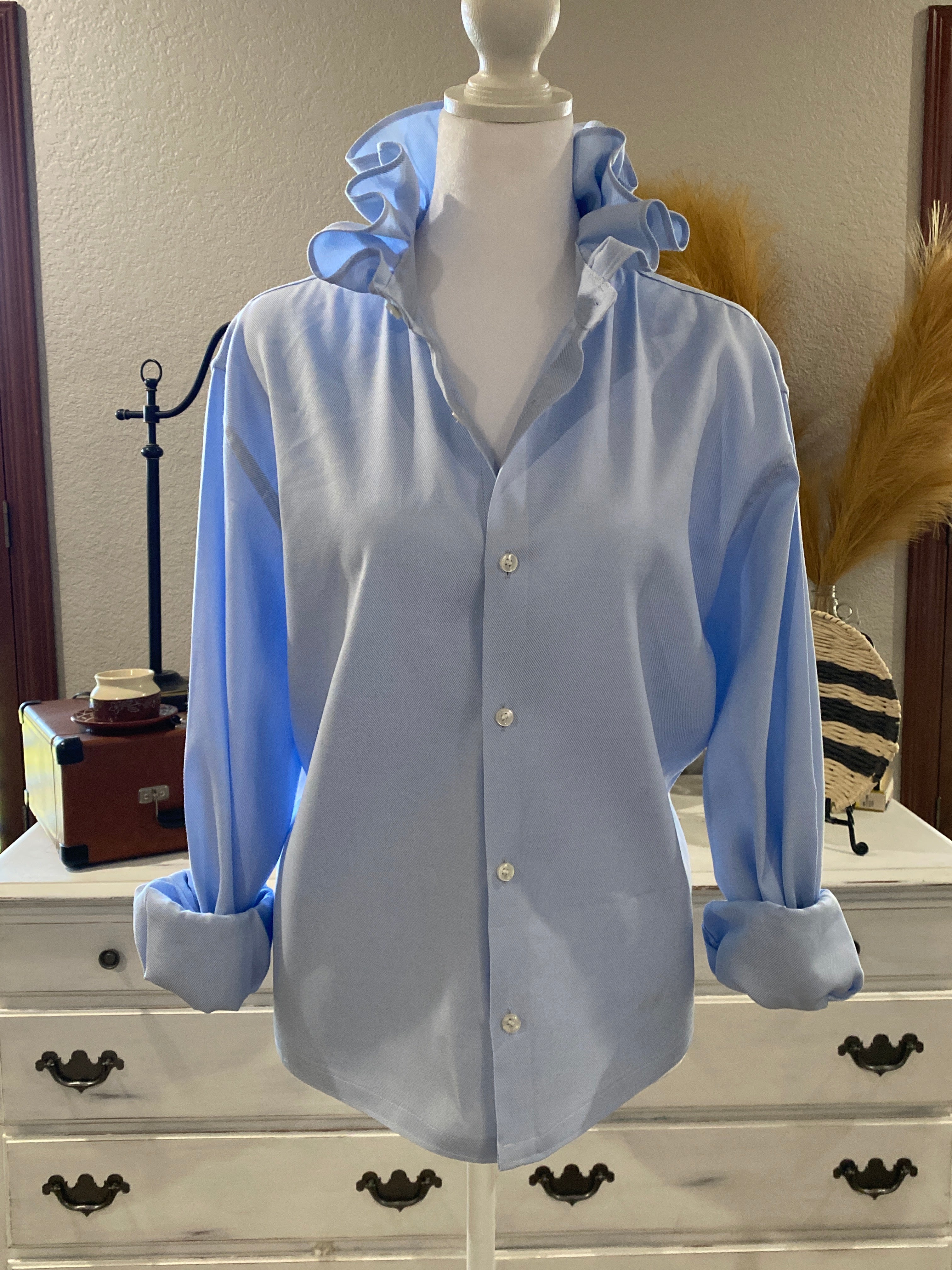 Repurposed Baby Blue Ruffle Collar Shirt~ Large/XL