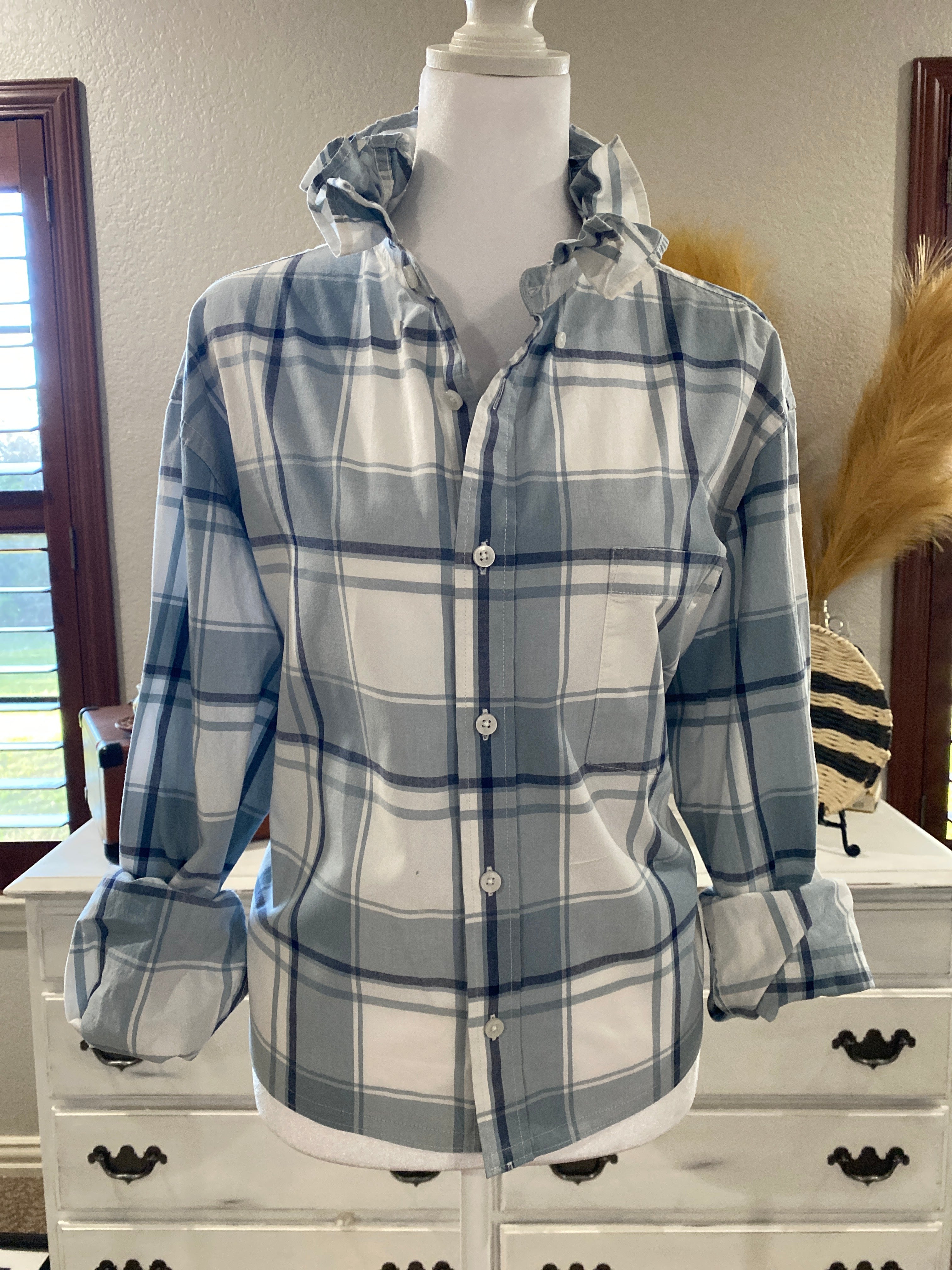 Repurposed~ Blue and White Plaid Ruffle Collar Shirt~ LG/XL