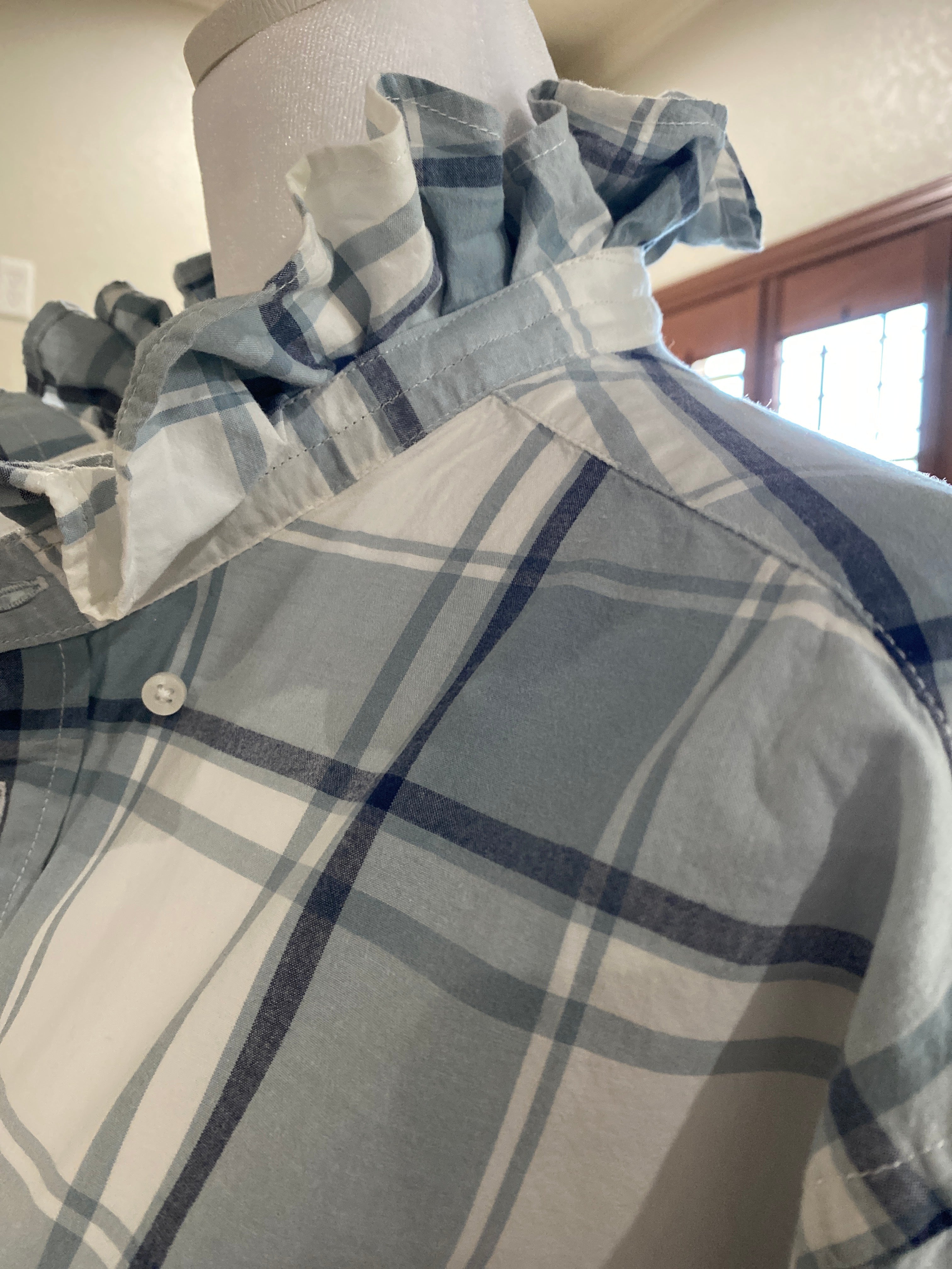 Repurposed~ Blue and White Plaid Ruffle Collar Shirt~ LG/XL