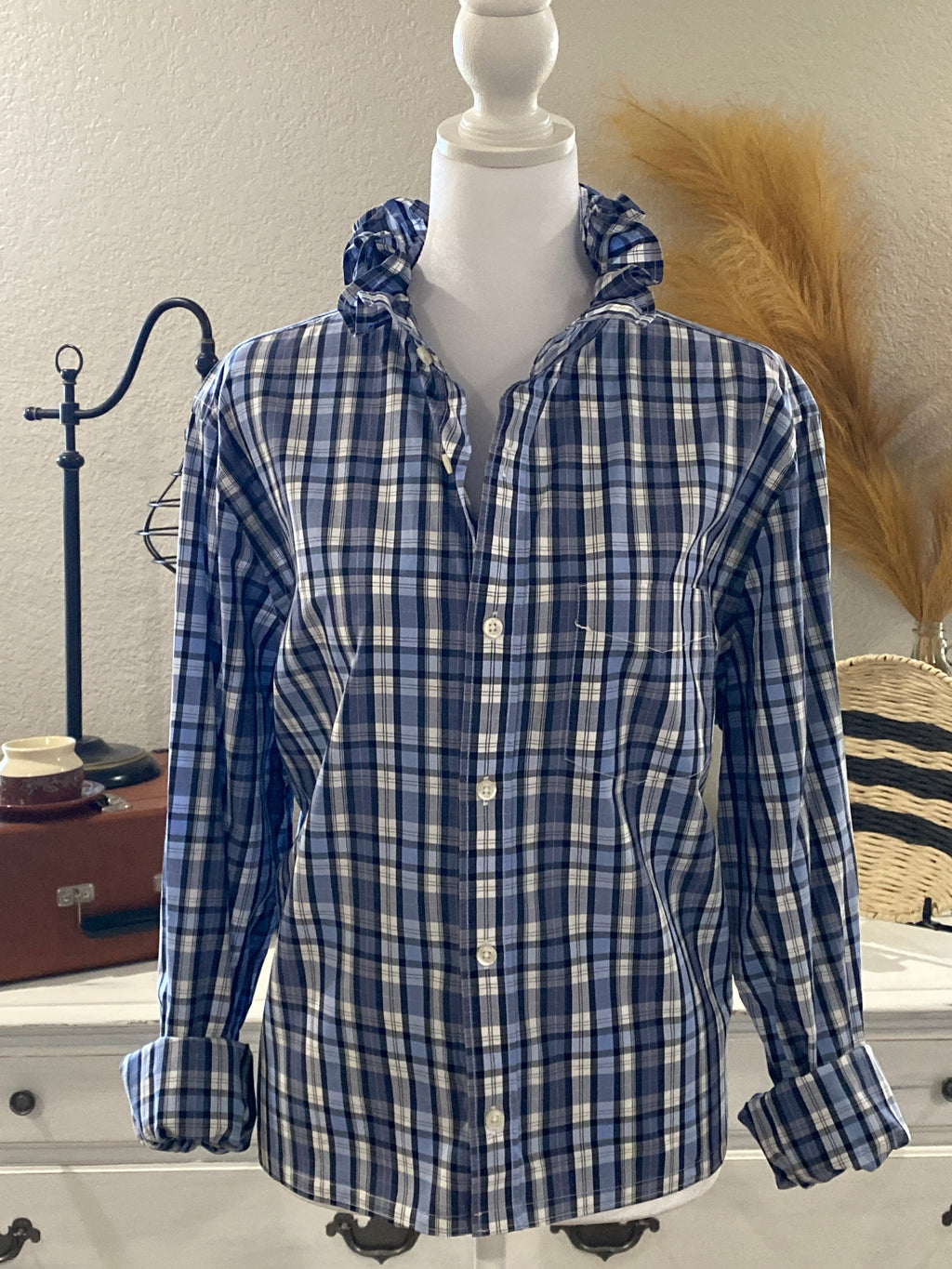 Repurposed Blue Plaid Ruffle Collar Shirt~ Large