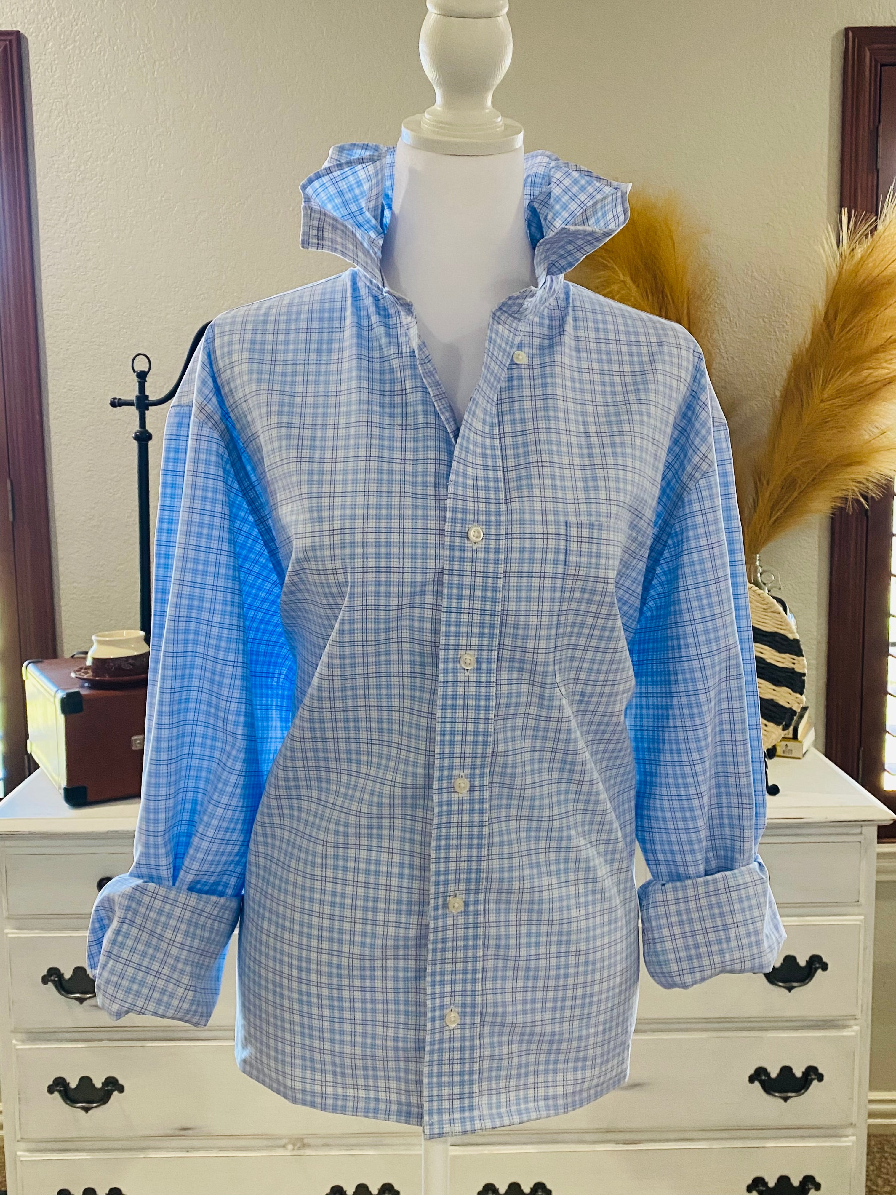 Reworked Sky Blue Ruffle Collar Shirt